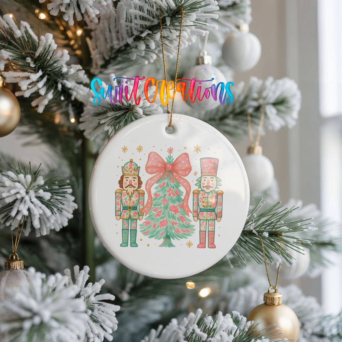 Pink Nutcrackers with Christmas Tree ceramic Christmas ornament holiday product view