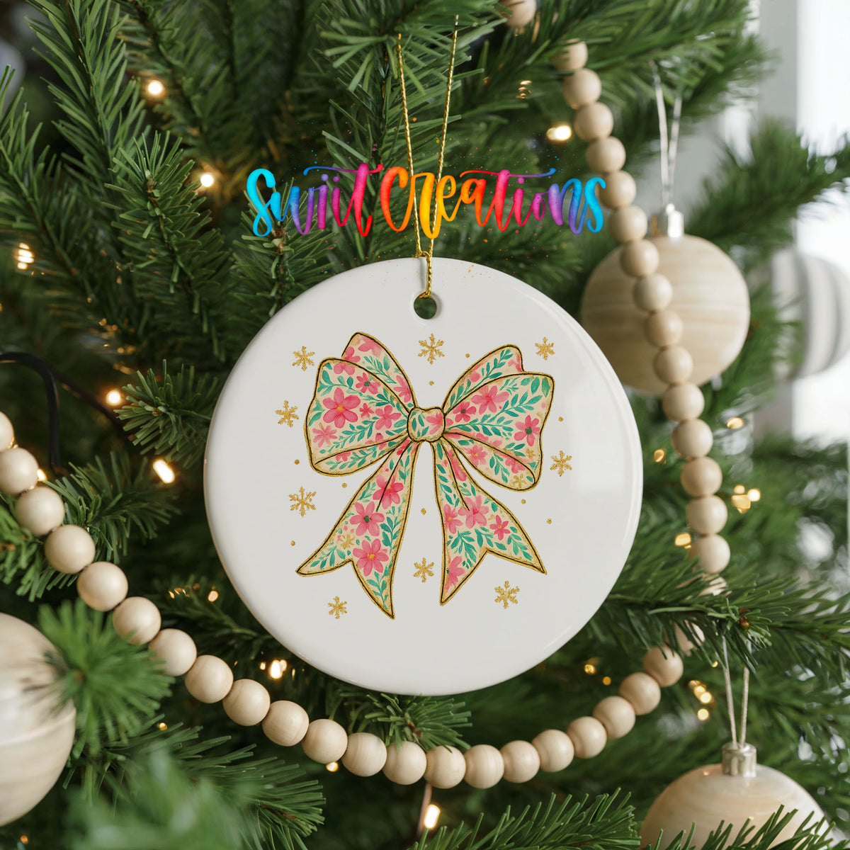Glitter Christmas Bow ceramic Christmas ornament holiday product view