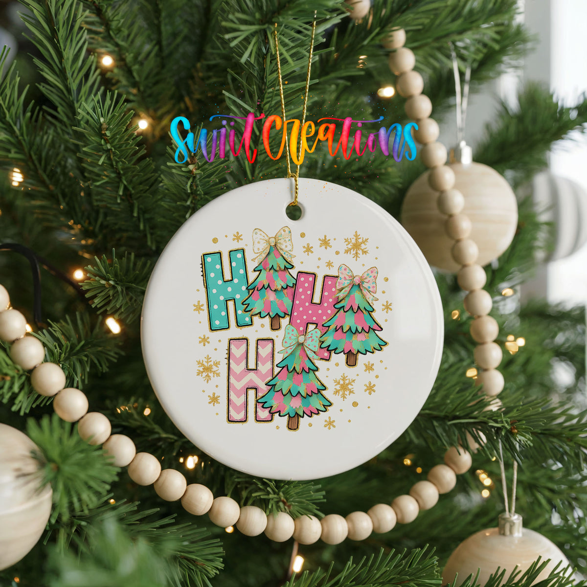 Happy Holidays Colorful Christmas Trees ceramic Christmas ornament holiday product view