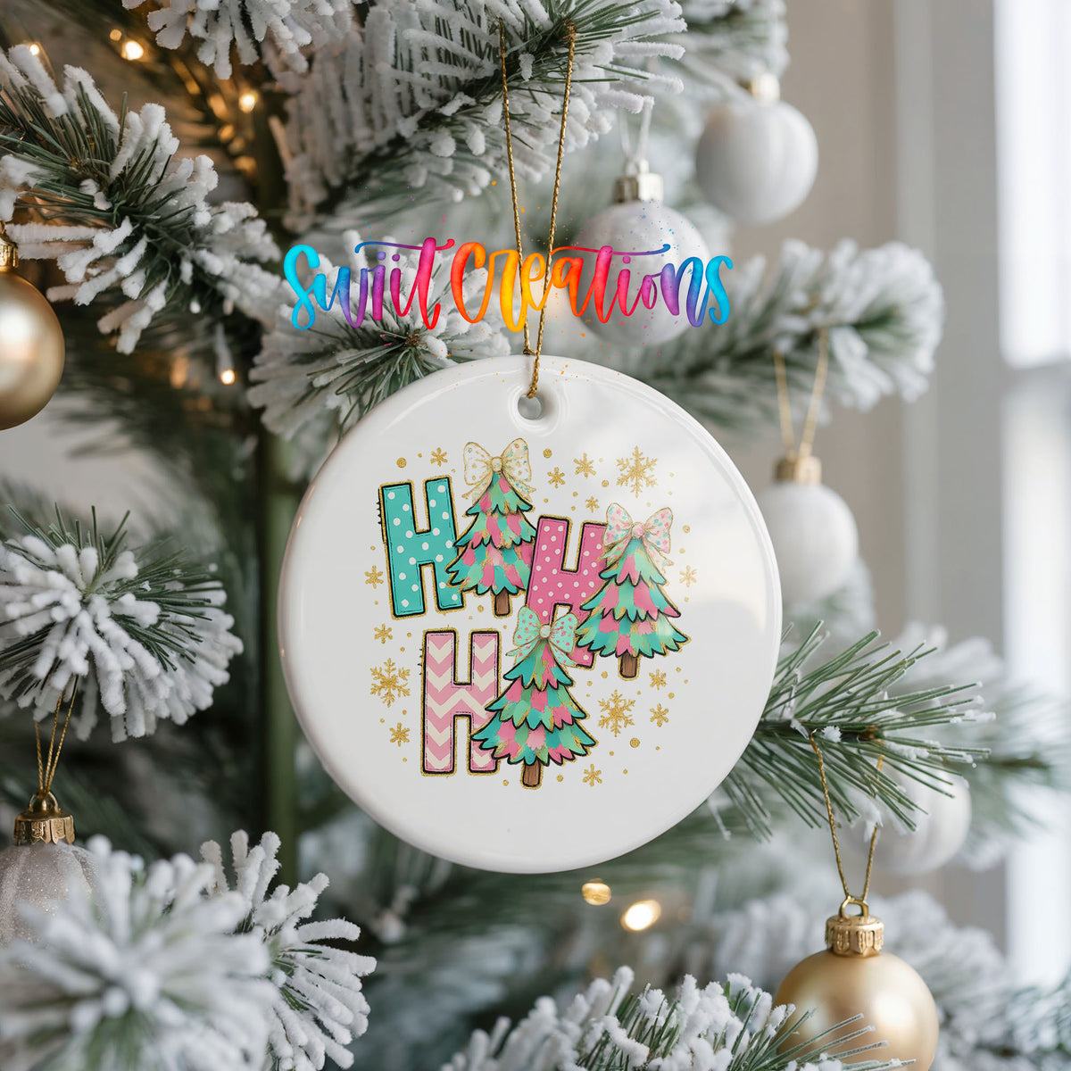 Happy Holidays Colorful Christmas Trees ceramic Christmas ornament holiday product view