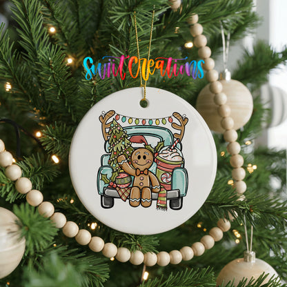 Gingerbread Boy Pink Christmas Truck ceramic Christmas ornament holiday product view