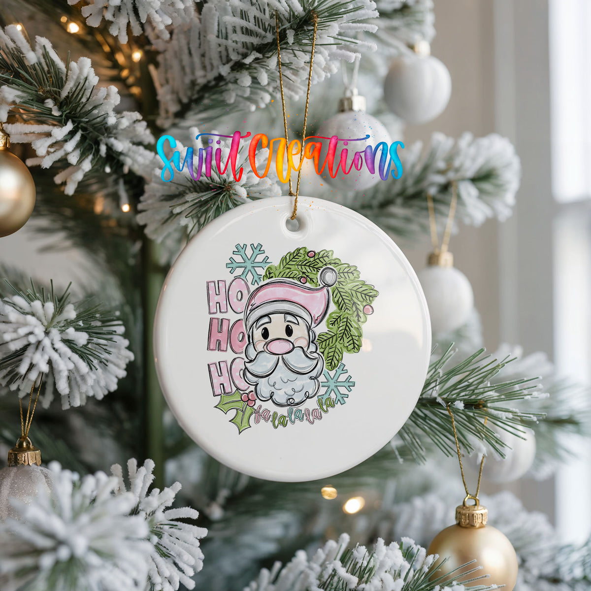 Pink Santa with Holly ceramic Christmas ornament holiday product view