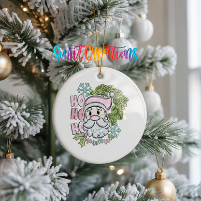Pink Santa with Holly ceramic Christmas ornament holiday product view