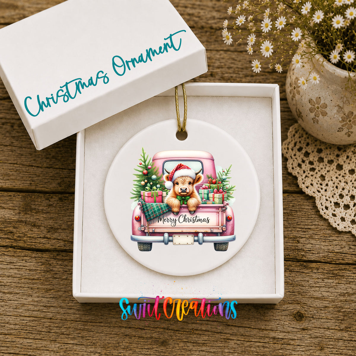 Highland Cow Pink Christmas Truck ceramic Christmas ornament displayed in gift box