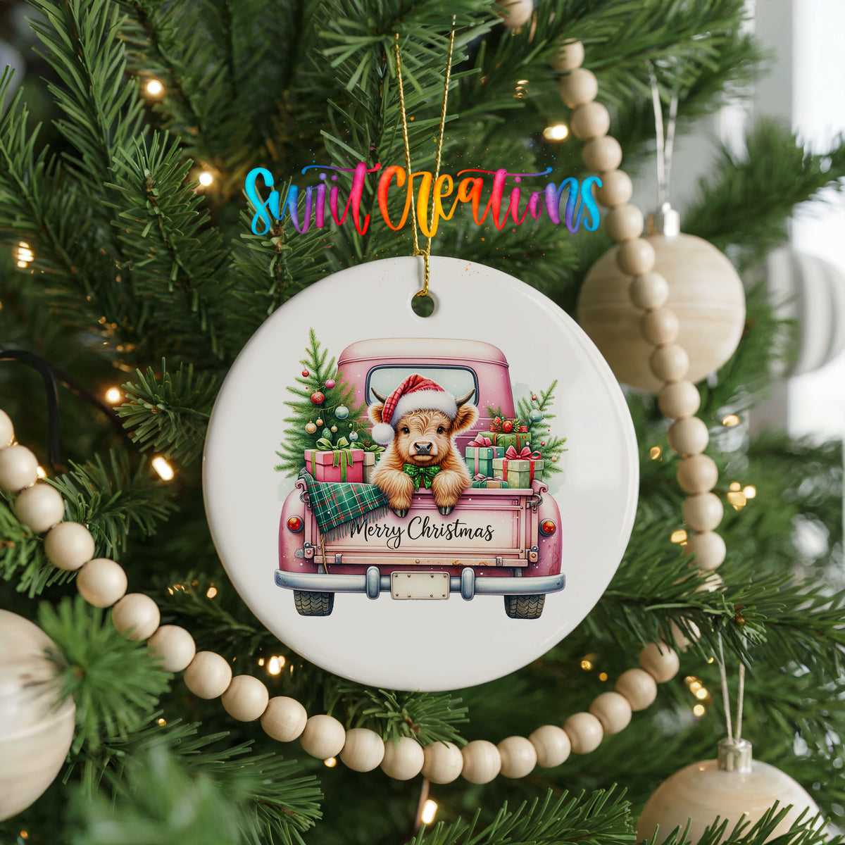 Highland Cow Pink Christmas Truck ceramic Christmas ornament holiday product view