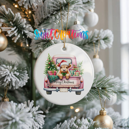 Highland Cow Pink Christmas Truck ceramic Christmas ornament holiday product view