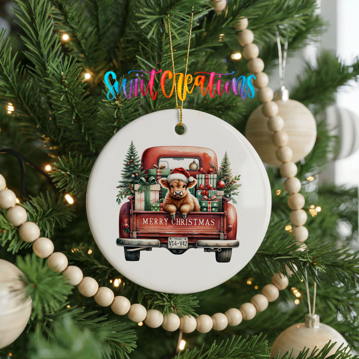 Highland Cow Red Christmas Truck ceramic Christmas ornament holiday product view