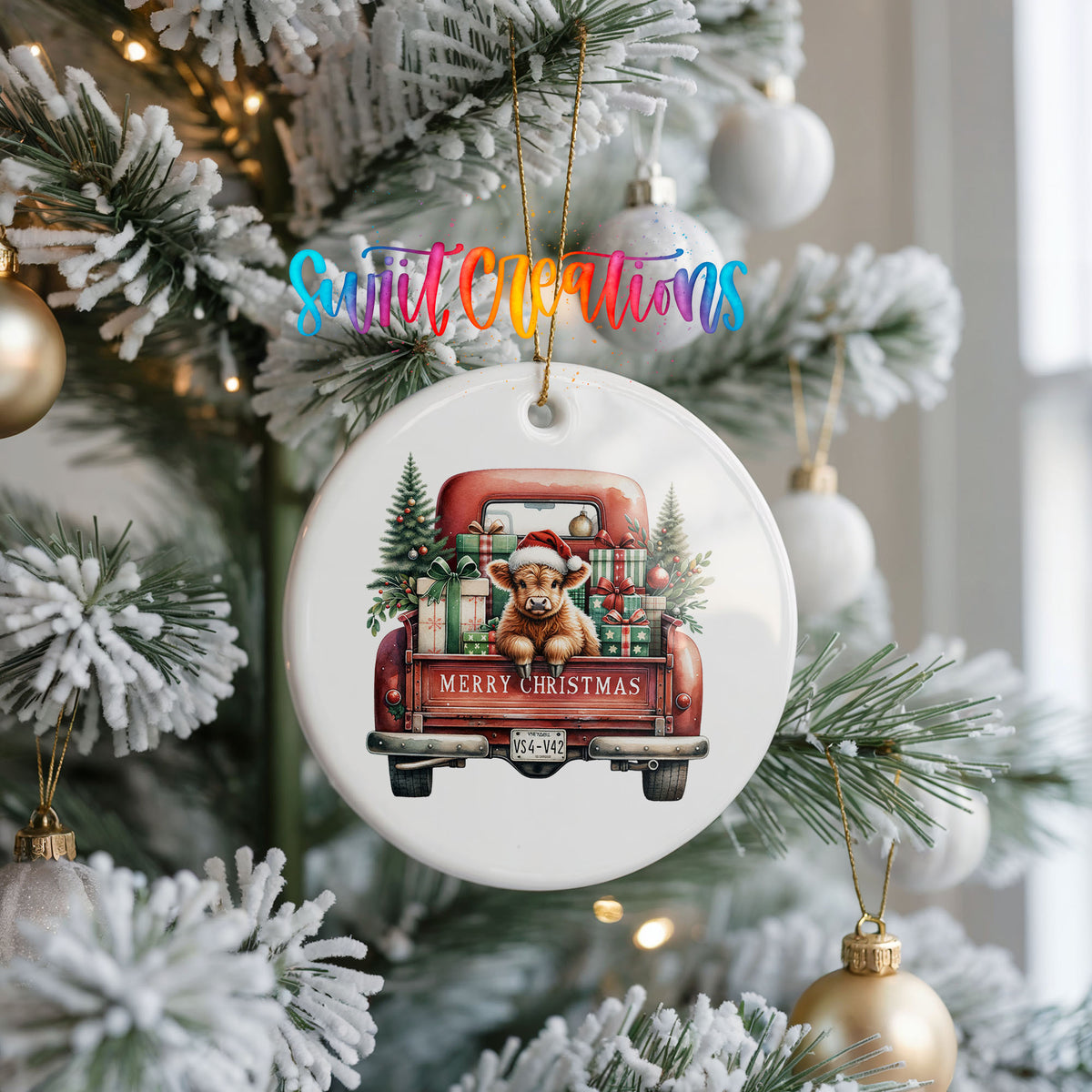 Highland Cow Red Christmas Truck ceramic Christmas ornament holiday product view