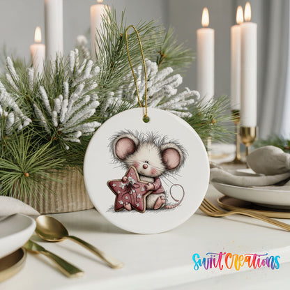 pink mouse holding a star ceramic Christmas ornament shown in a holiday table setting
