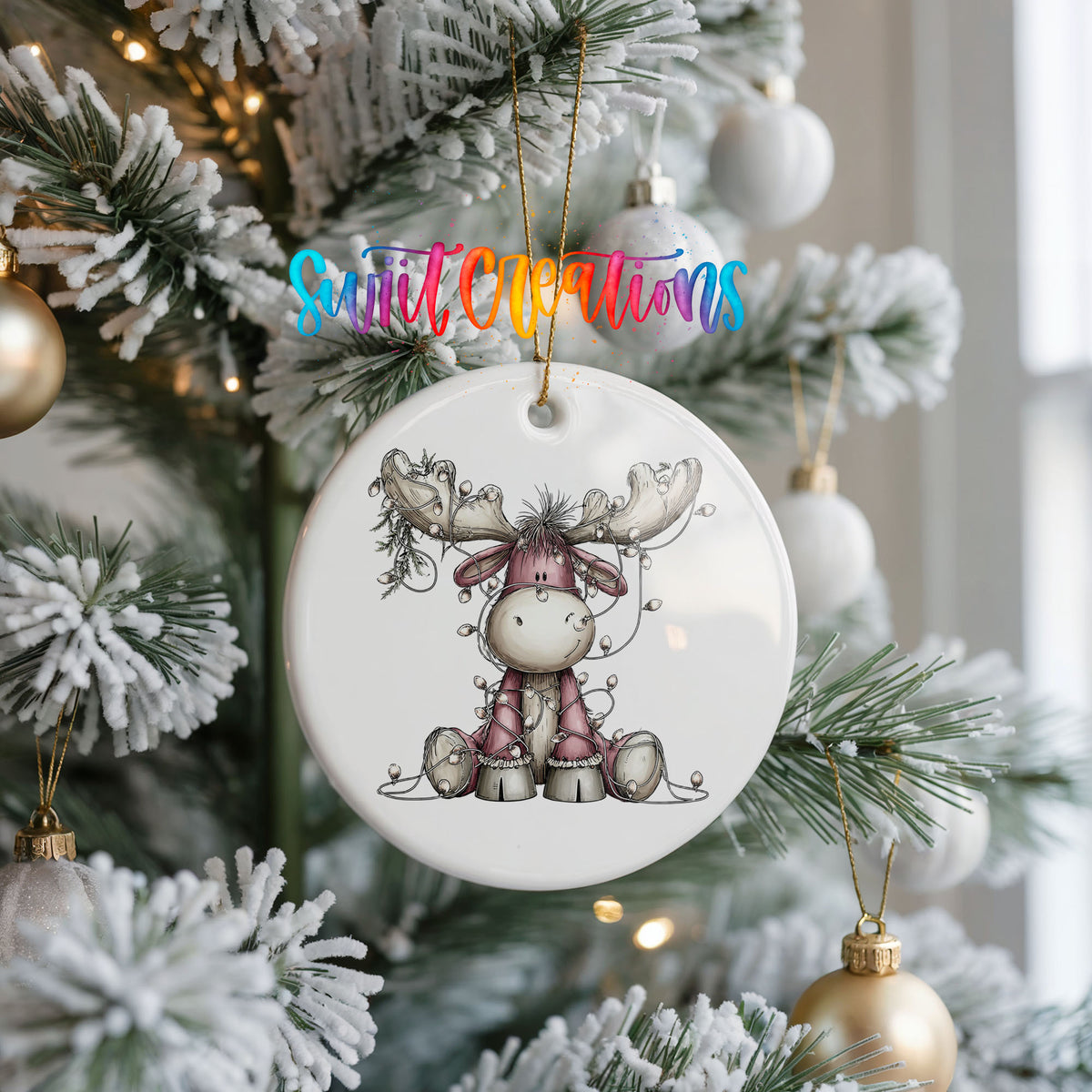 pink reindeer wrapped in Christmas lights ceramic Christmas ornament hanging on a frosted Christmas tree