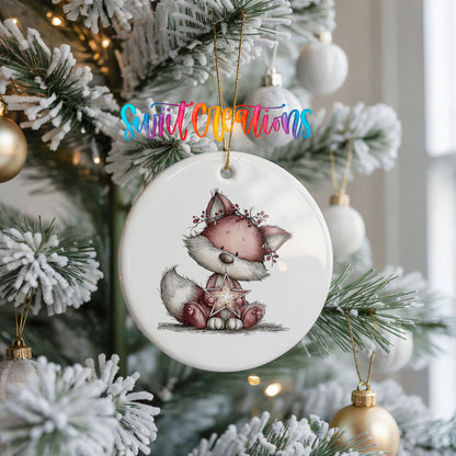 pink fox in a winter scarf ceramic Christmas ornament hanging on a frosted Christmas tree