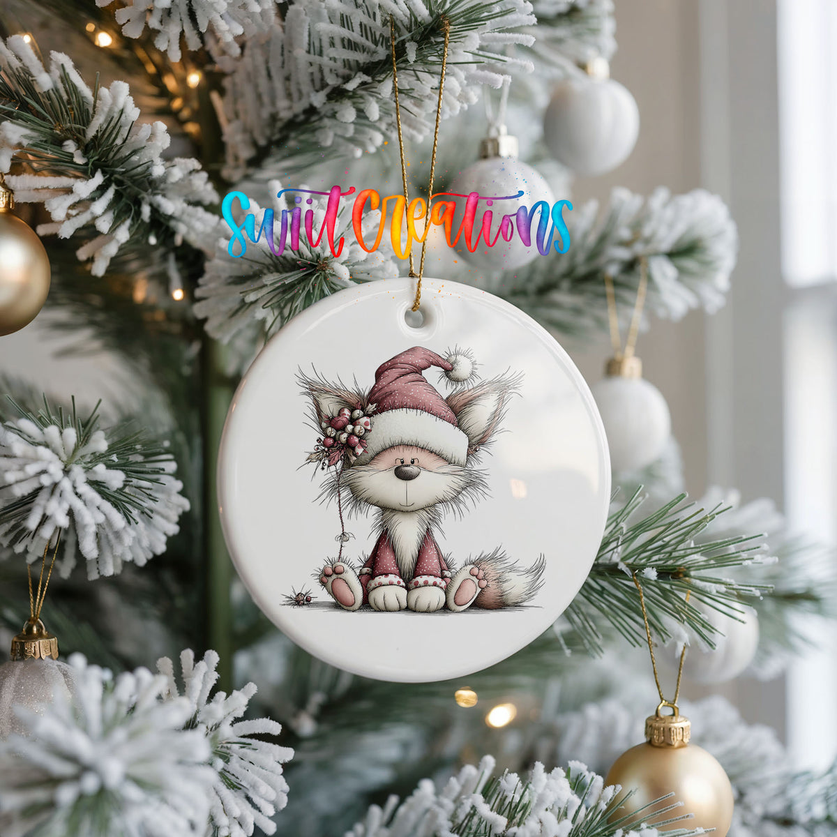 pink fox in a Santa hat ceramic Christmas ornament hanging on a frosted Christmas tree