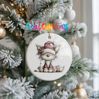pink fox in a Santa hat ceramic Christmas ornament hanging on a frosted Christmas tree