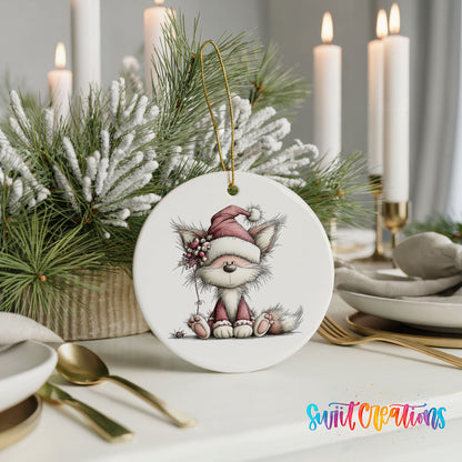 pink fox in a Santa hat ceramic Christmas ornament shown in a holiday table setting