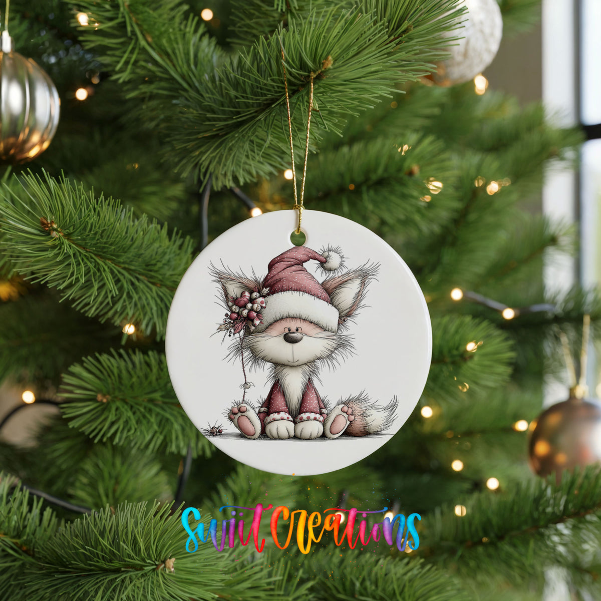 pink fox in a Santa hat ceramic Christmas ornament hanging on a lit Christmas tree