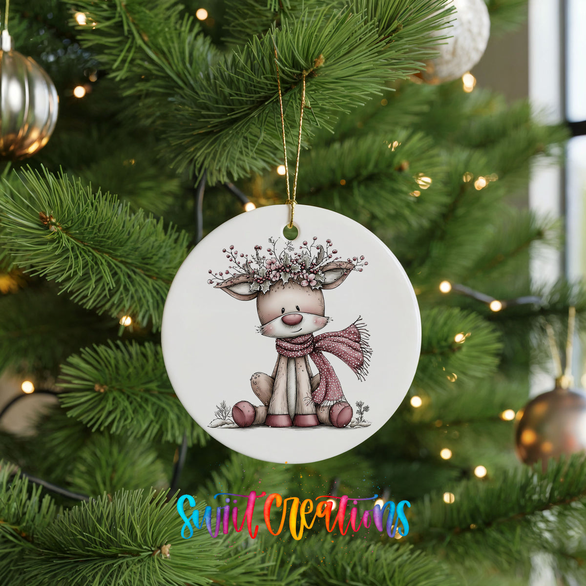 pink reindeer in a scarf with a berry antler crown ceramic Christmas ornament hanging on a lit Christmas tree
