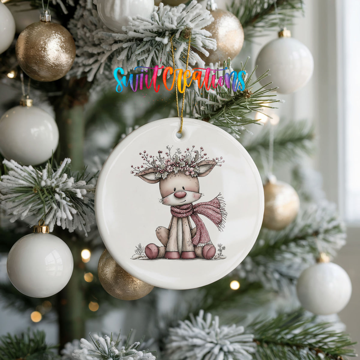pink reindeer in a scarf with a berry antler crown ceramic Christmas ornament hanging on a frosted tree with ornaments