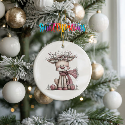 pink reindeer in a scarf with a berry antler crown ceramic Christmas ornament hanging on a frosted tree with ornaments