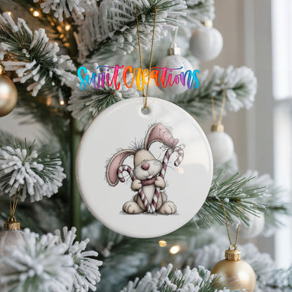 pink rabbit holding a candy cane ceramic Christmas ornament hanging on a frosted Christmas tree