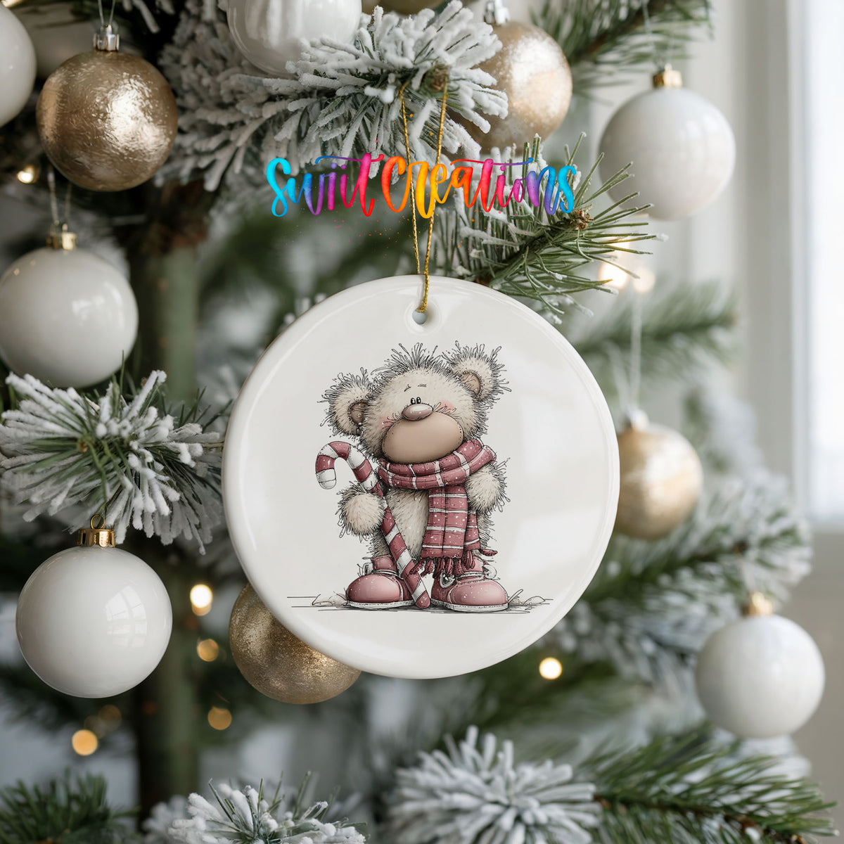 teddy bear holding a candy cane in winter clothes ceramic Christmas ornament hanging on a frosted tree with ornaments