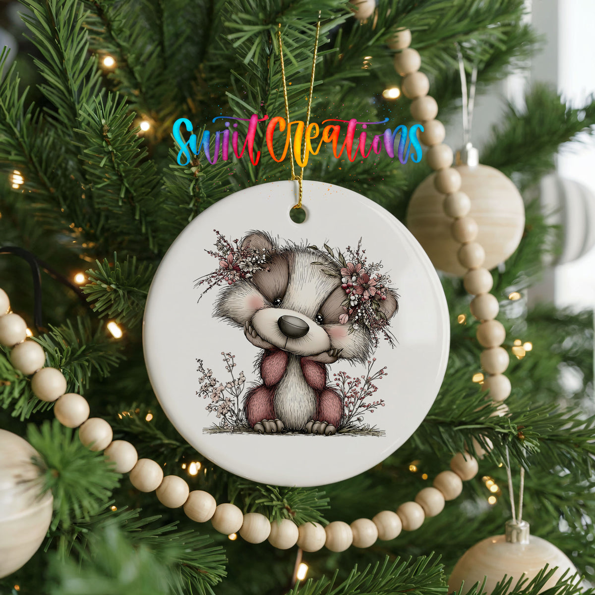 raccoon with winter flowers and greenery ceramic Christmas ornament hanging on a green Christmas tree