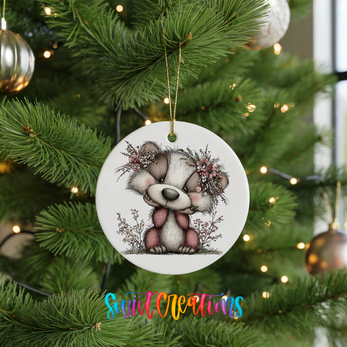 raccoon with winter flowers and greenery ceramic Christmas ornament hanging on a lit Christmas tree
