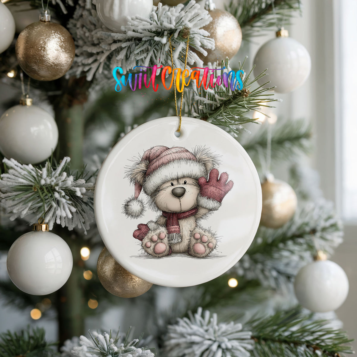 teddy bear waving beside Christmas gifts ceramic Christmas ornament hanging on a frosted tree with ornaments