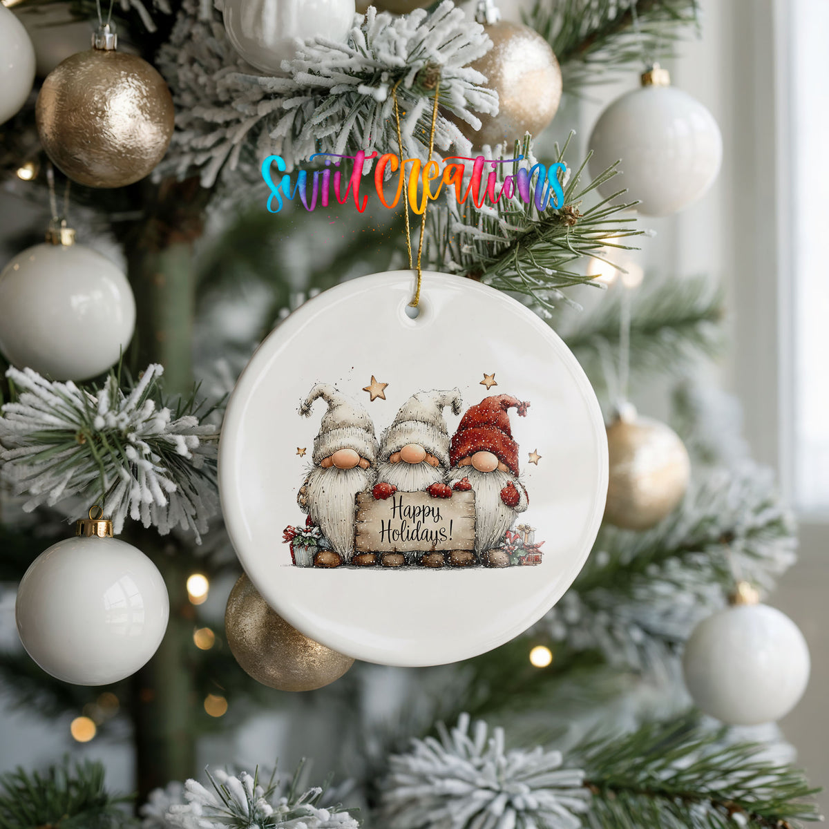 whimsical Christmas characters with a Happy Holidays message ceramic Christmas ornament hanging on a frosted tree with ornaments
