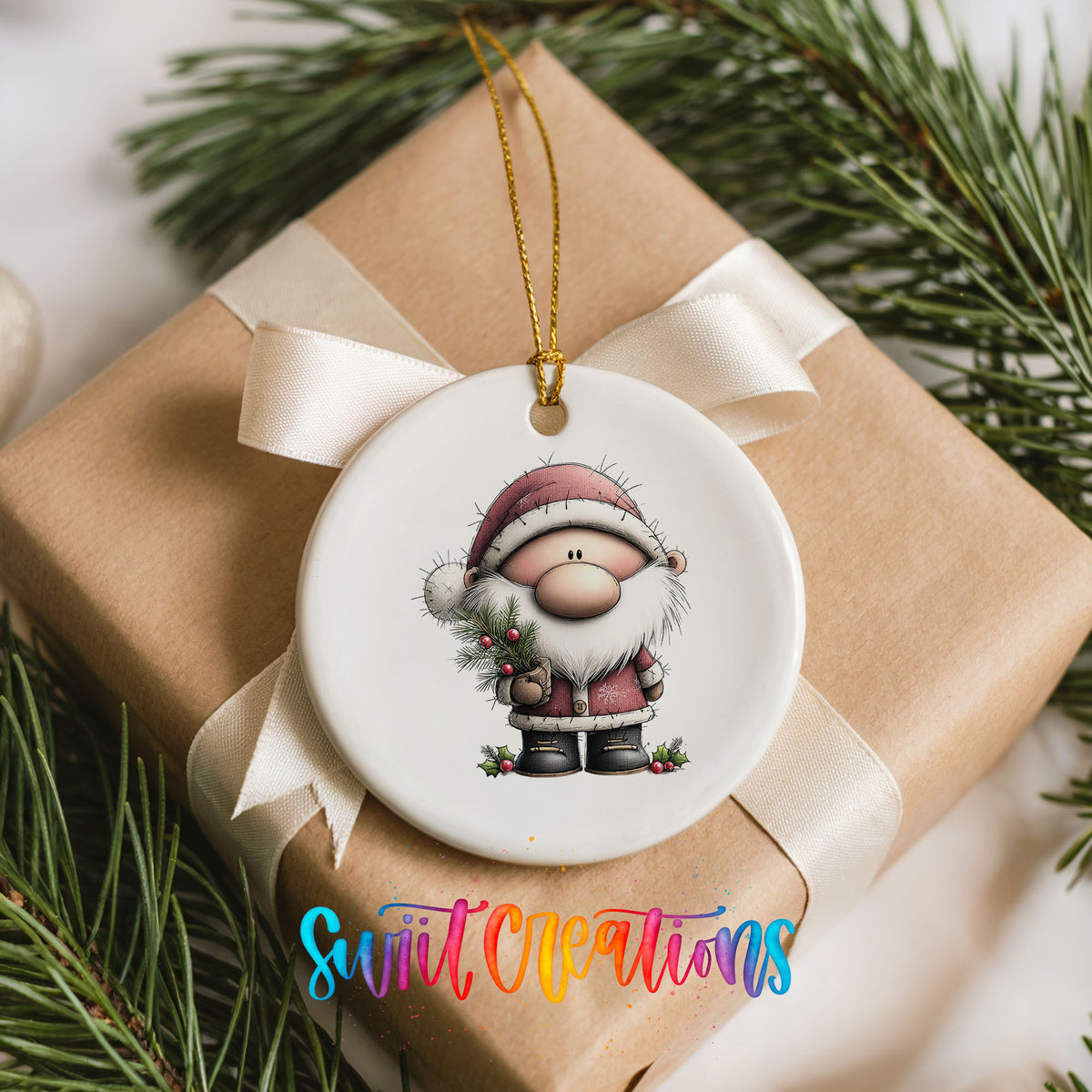 Santa Claus in a pink winter suit ceramic Christmas ornament displayed on a wrapped Christmas gift