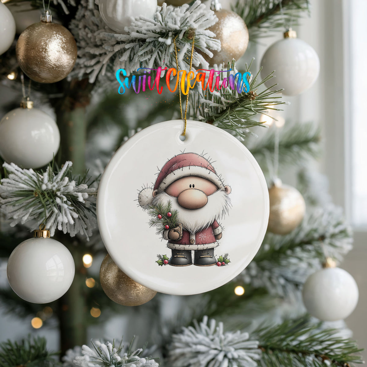 Santa Claus in a pink winter suit ceramic Christmas ornament hanging on a frosted tree with ornaments