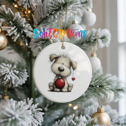 fluffy Christmas puppy holding a red ornament ceramic Christmas ornament hanging on a frosted Christmas tree