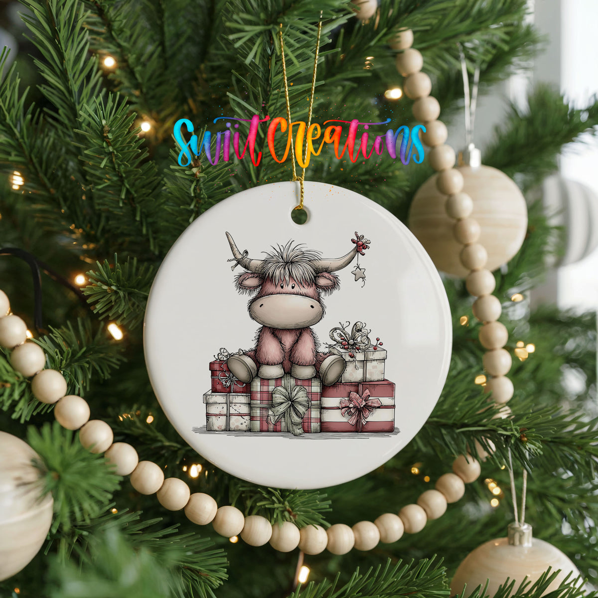 Highland cow sitting behind wrapped Christmas gifts ceramic Christmas ornament hanging on a green Christmas tree