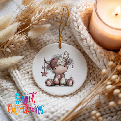 Highland cow with pink winter flowers ceramic Christmas ornament styled on a cozy knit blanket