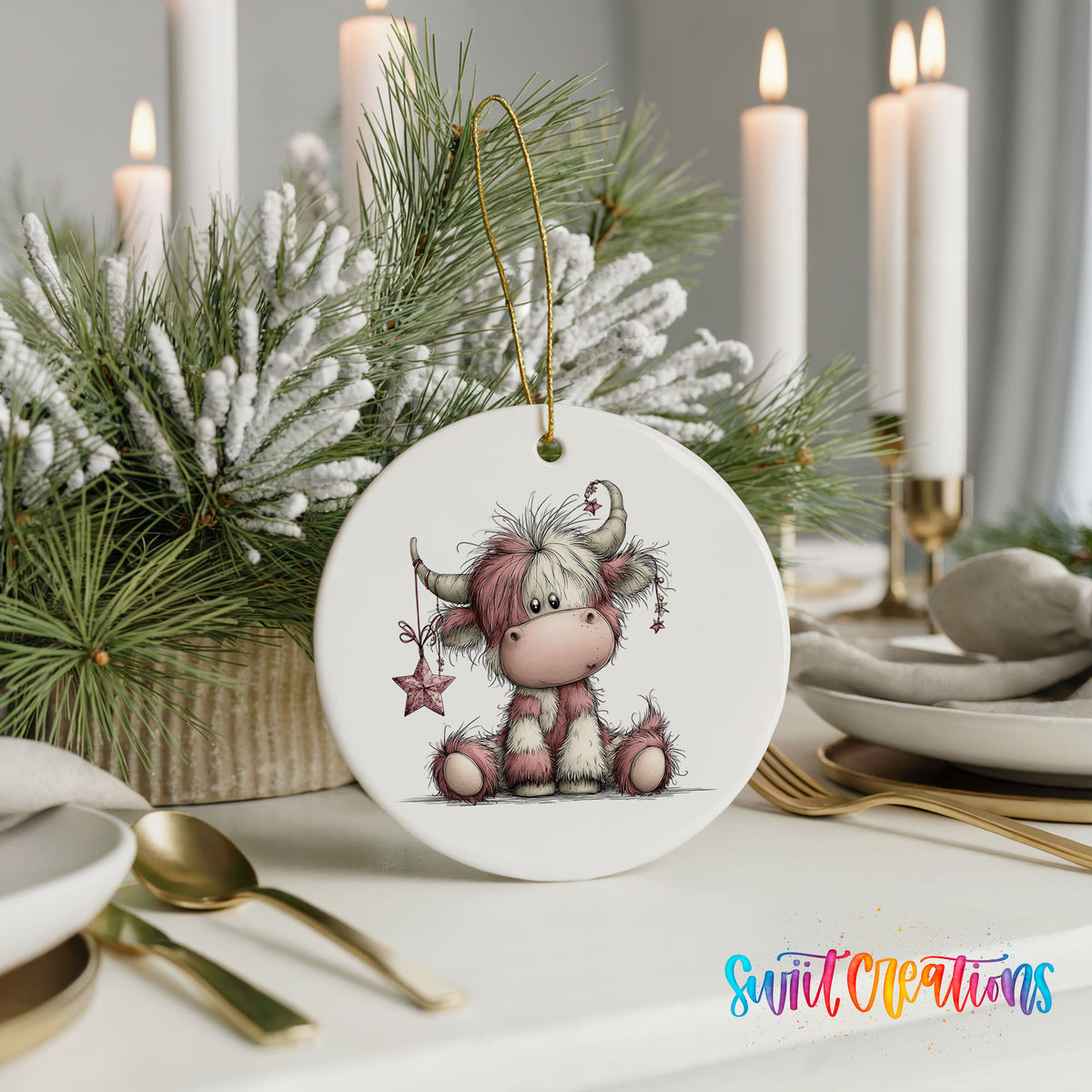 Highland cow with pink winter flowers ceramic Christmas ornament shown in a holiday table setting