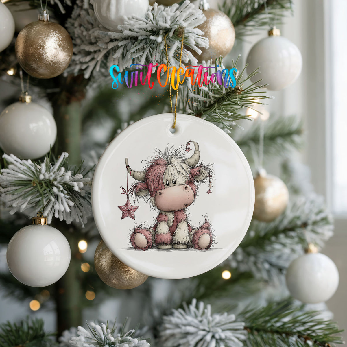 Highland cow with pink winter flowers ceramic Christmas ornament hanging on a frosted tree with ornaments