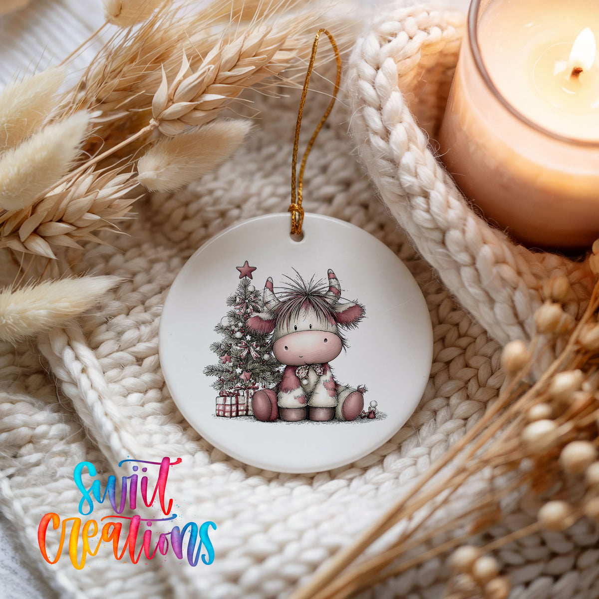 Highland cow beside a decorated Christmas tree and gifts ceramic Christmas ornament styled on a cozy knit blanket