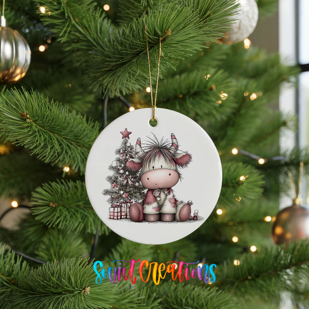 Highland cow beside a decorated Christmas tree and gifts ceramic Christmas ornament hanging on a lit Christmas tree