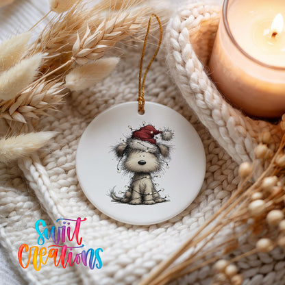 fluffy puppy in a Santa hat ceramic Christmas ornament styled on a cozy knit blanket
