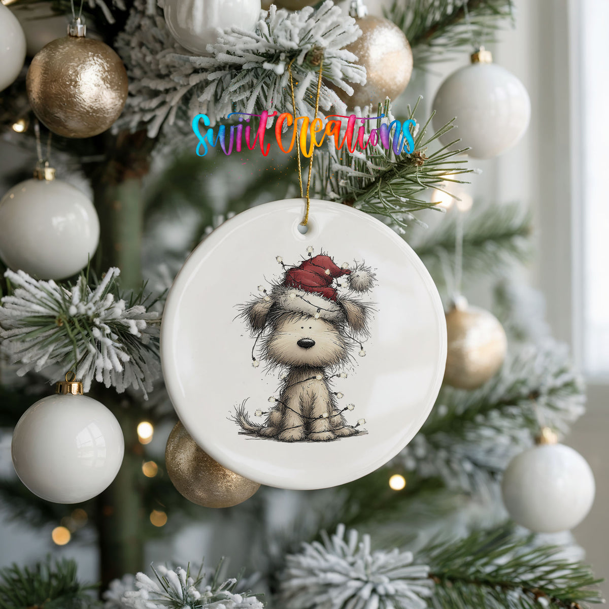 fluffy puppy in a Santa hat ceramic Christmas ornament hanging on a frosted tree with ornaments