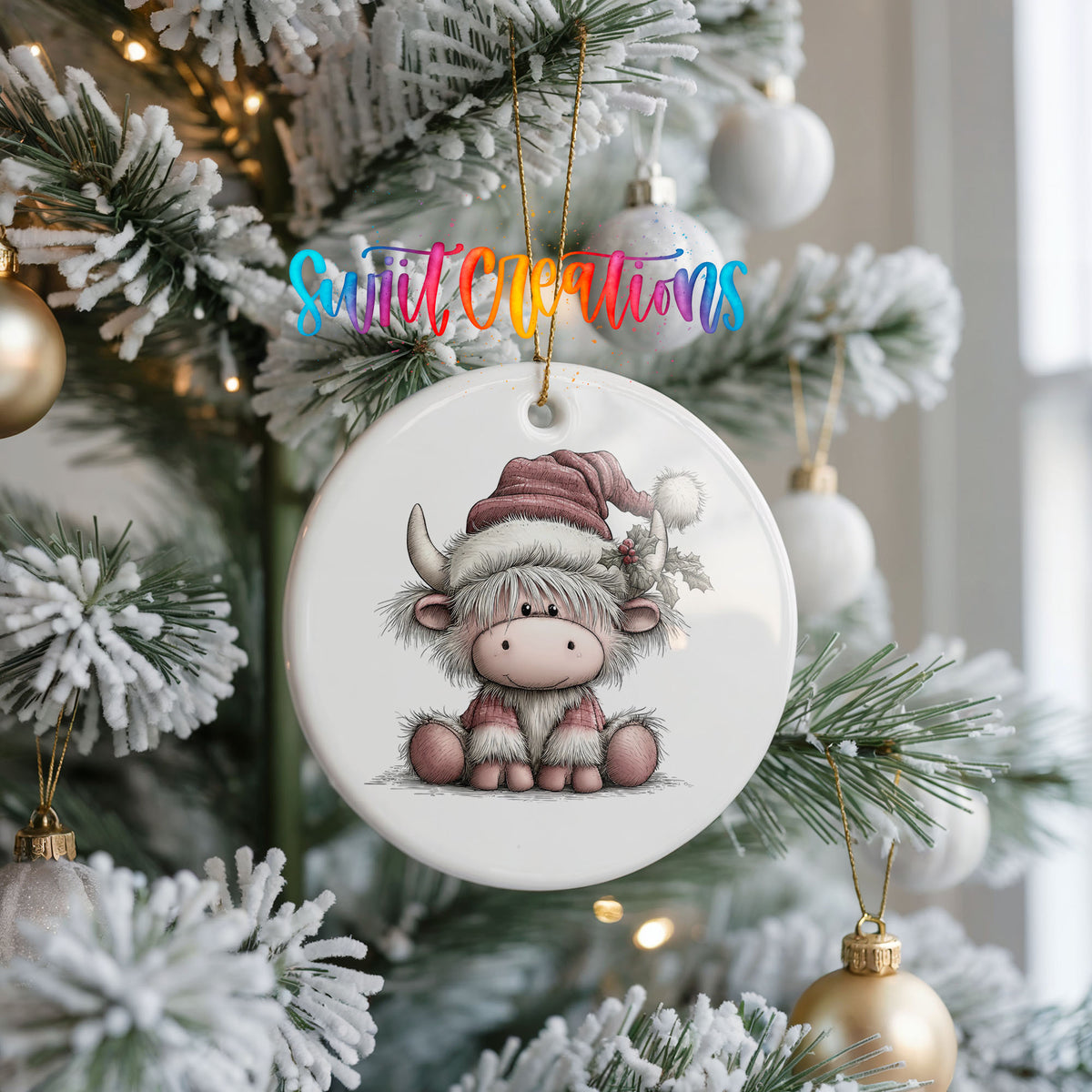 Highland cow in a pink Santa hat ceramic Christmas ornament hanging on a frosted Christmas tree