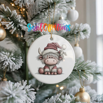 Highland cow in a pink Santa hat ceramic Christmas ornament hanging on a frosted Christmas tree