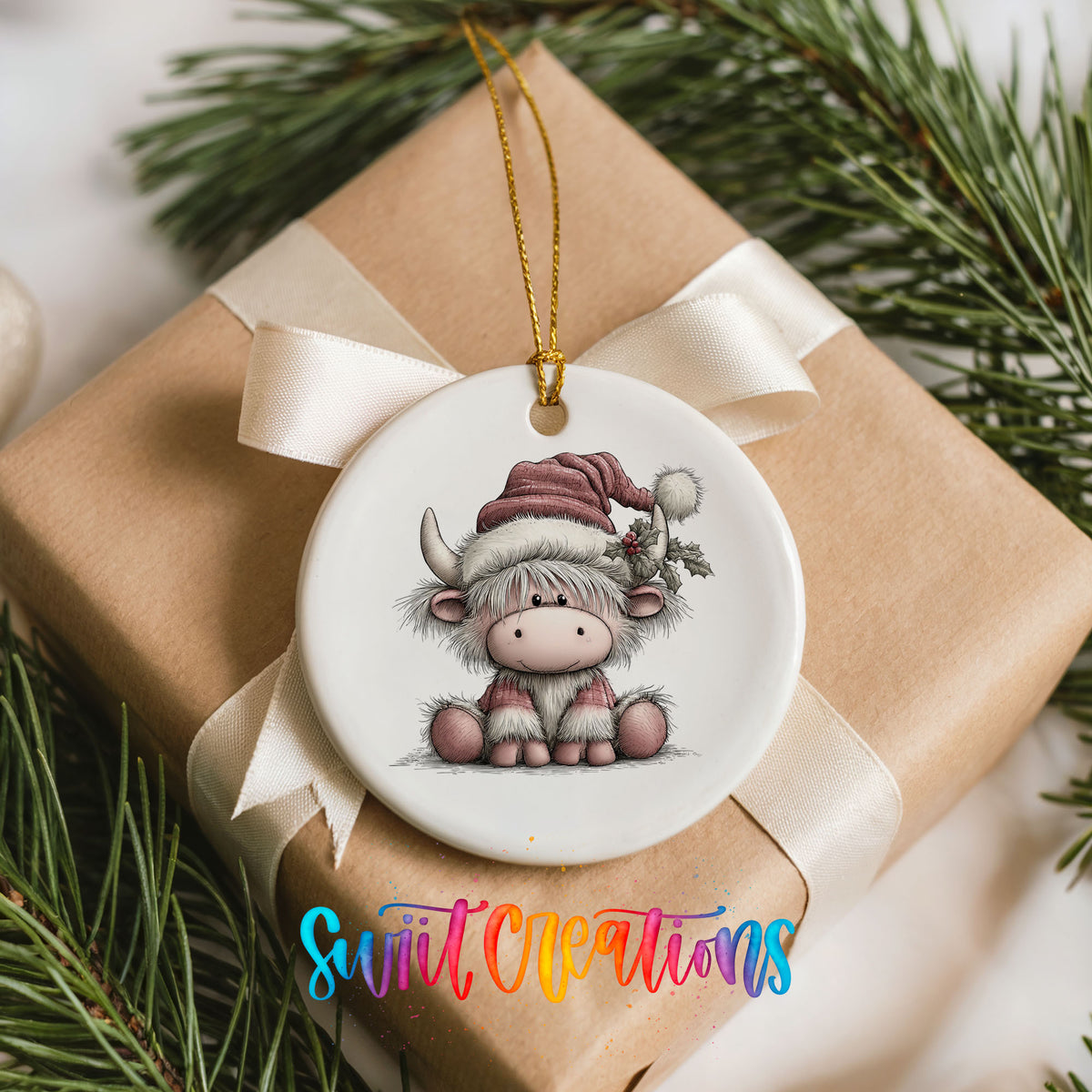 Highland cow in a pink Santa hat ceramic Christmas ornament displayed on a wrapped Christmas gift