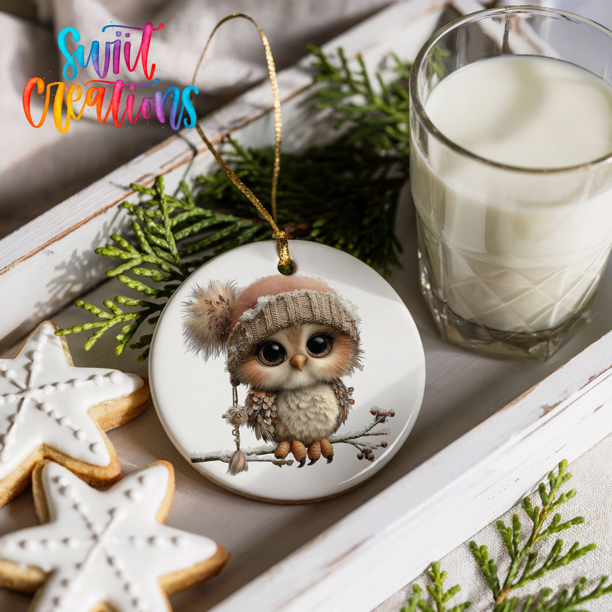 winter owl perched on a snowy branch ceramic Christmas ornament styled with holiday cookies and a candle