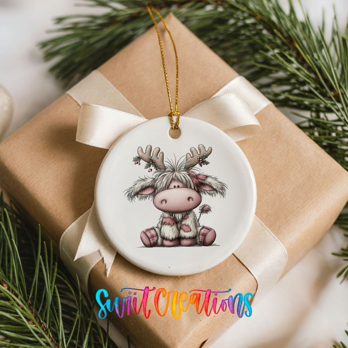 Highland cow wearing reindeer antlers and a striped scarf ceramic Christmas ornament displayed on a wrapped Christmas gift
