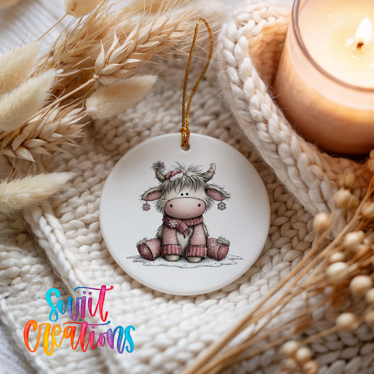 Highland cow in a pink scarf with winter flowers ceramic Christmas ornament styled on a cozy knit blanket