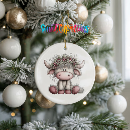 Highland cow with winter flowers and a pink scarf ceramic Christmas ornament hanging on a frosted tree with ornaments