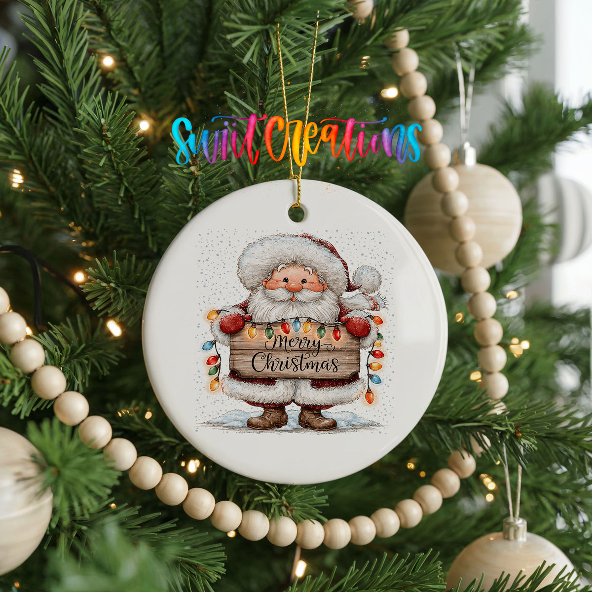 Santa Claus holding a Merry Christmas sign with Christmas lights ceramic Christmas ornament hanging on a green Christmas tree