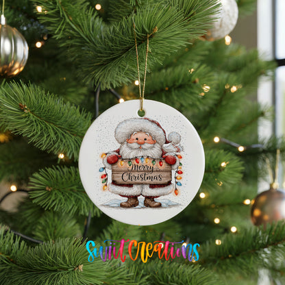 Santa Claus holding a Merry Christmas sign with Christmas lights ceramic Christmas ornament hanging on a lit Christmas tree