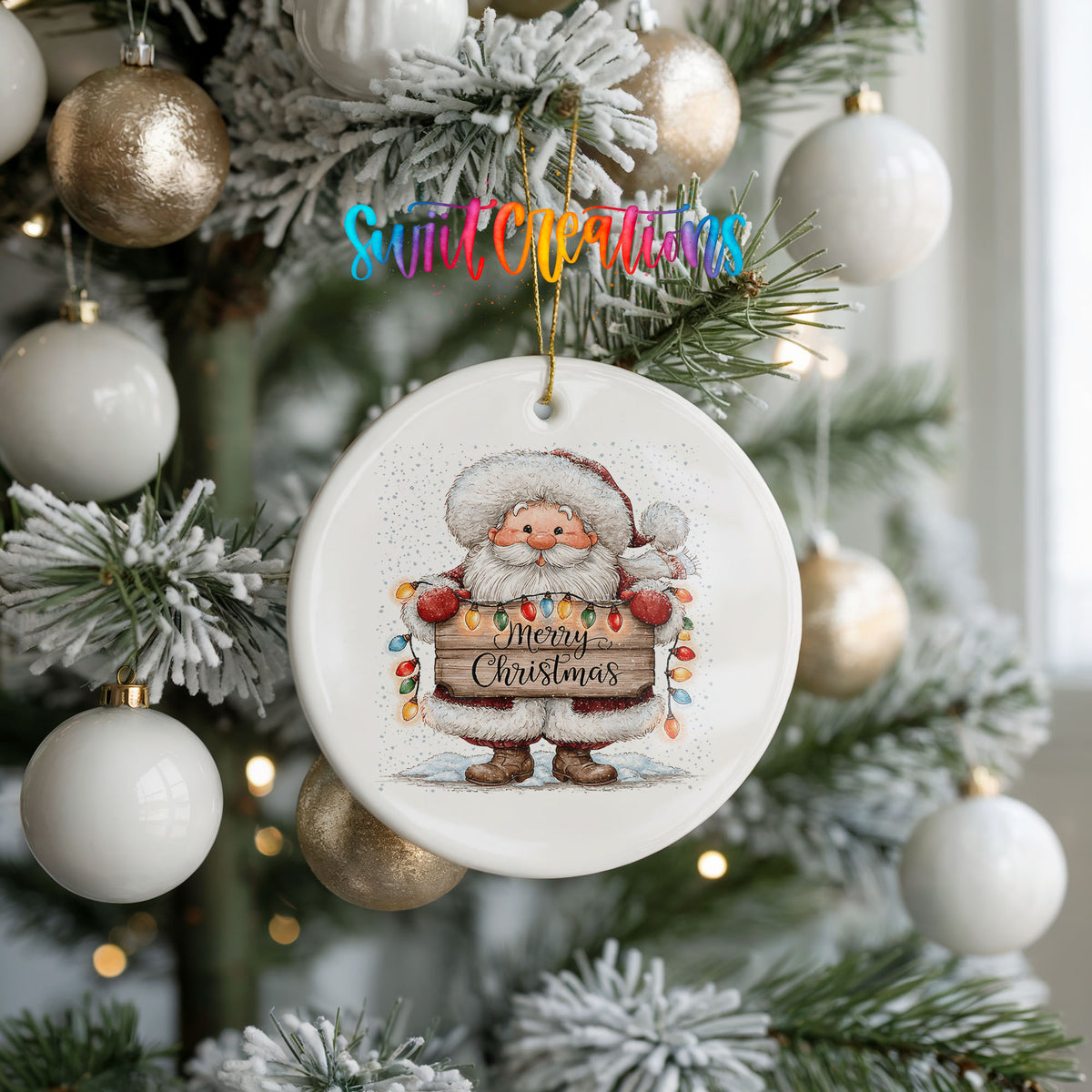 Santa Claus holding a Merry Christmas sign with Christmas lights ceramic Christmas ornament hanging on a frosted tree with ornaments