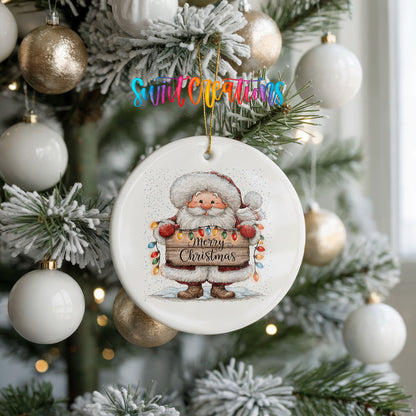 Santa Claus holding a Merry Christmas sign with Christmas lights ceramic Christmas ornament hanging on a frosted tree with ornaments
